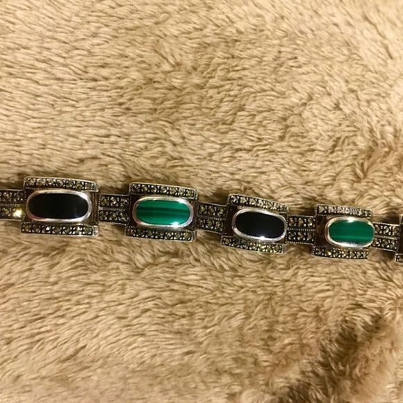 Art Deco Onyx Marcasite Malachite Sterling Silver Bracelet - Picture 2 of 13